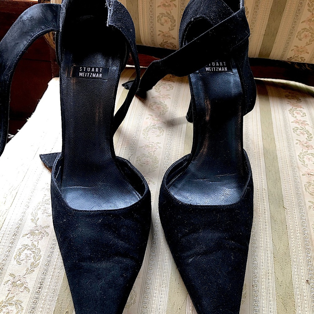 Stuart Weitzman black suede ankle strap stilettos